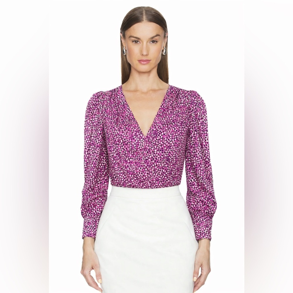 Intermix Pink Purple Speckled Silk Blouse Puff Sleeve V-Neck Size XS